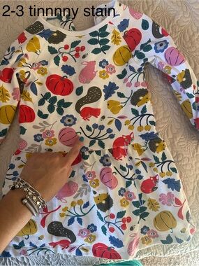 Mini Boden White Dress with Red, Pink, Yellow, Blue and Green Woodland Print